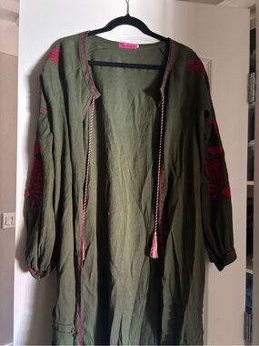 Embroidered Olive Green Open Duster with Pink Accents